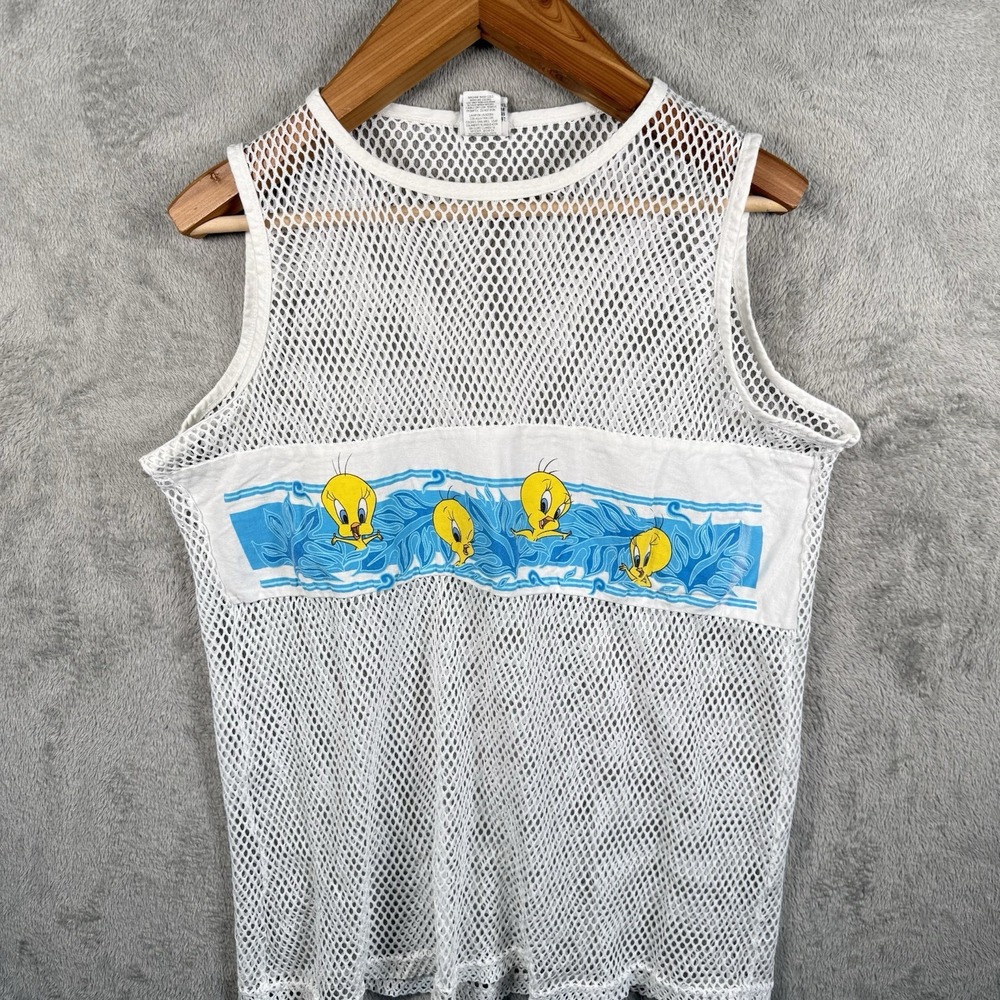 Vintage 90s Looney Tunes Tweety Bird Mesh Tank Top White Blue One Size 1997 USA